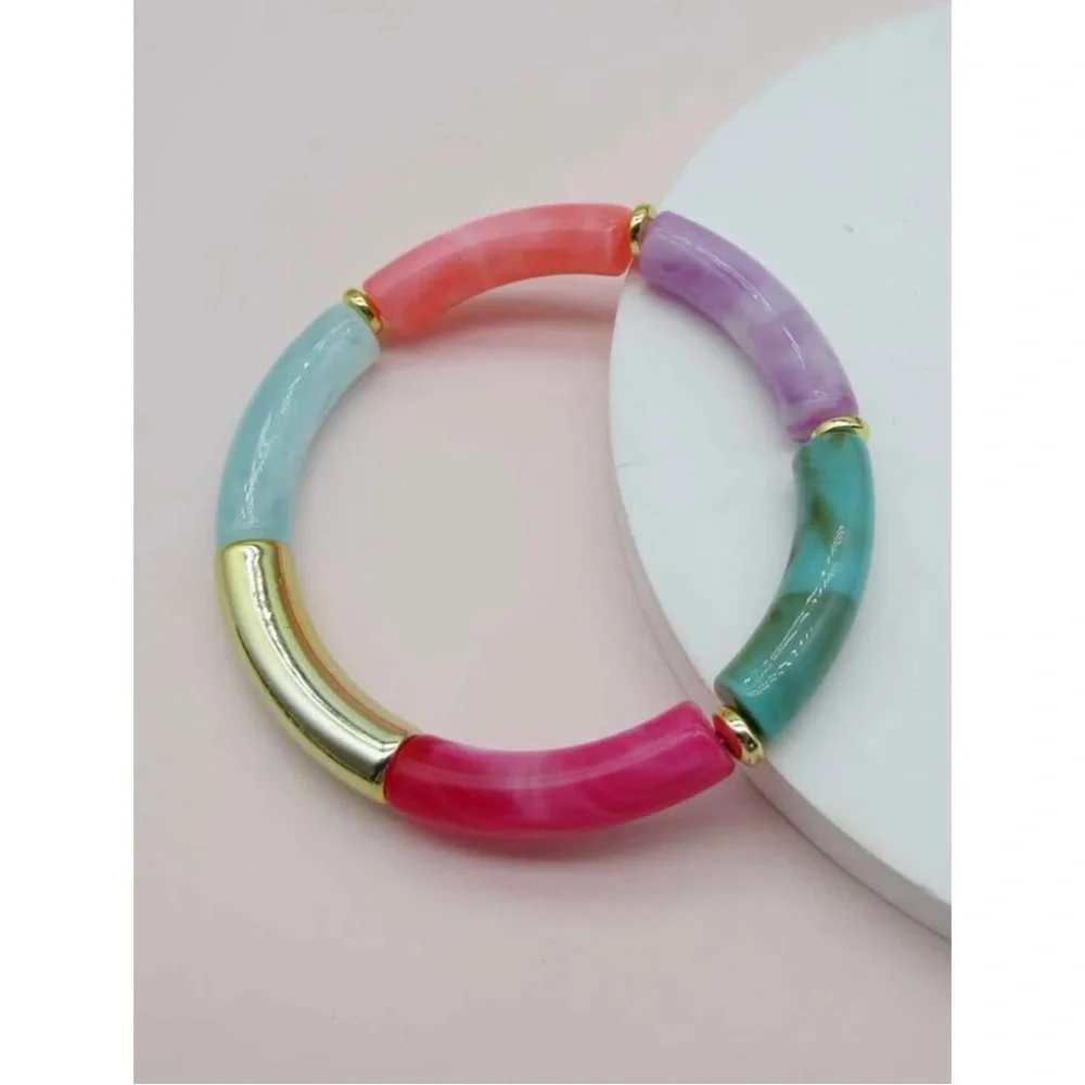 Colorful Tube Bead Bangle | Bamboo Style Stretch Bracelet